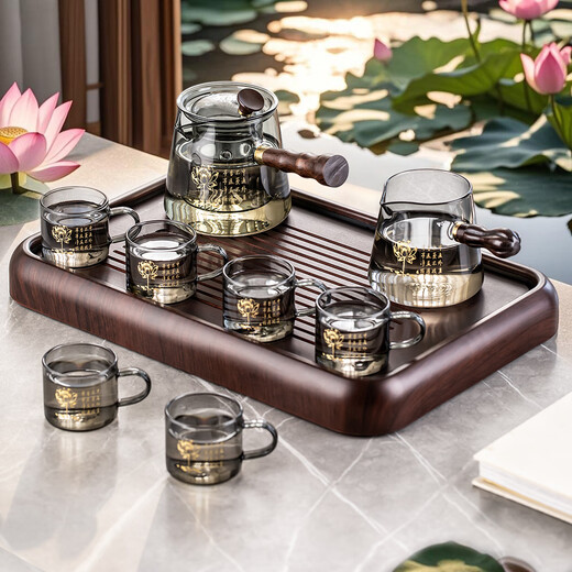 Porcelain brand tea set, carved glass teapot, tea set, household anti-scalding wooden handle tea kettle, high-end Kung Fu tea set, gray bamboo carved teapot, 8-piece set with handle and cup + tea tray