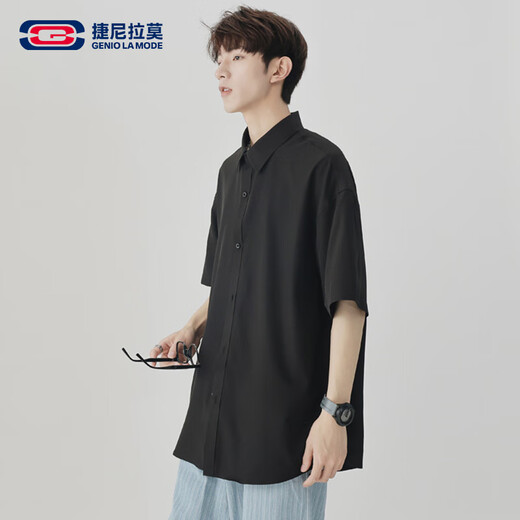 GENIOLAMODE短袖衬衫男纯色简约基础款夏季薄款青年学生百搭上衣服