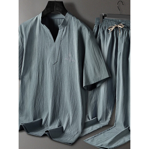 Langsha Pajamas Men's Men's Summer d'âge moyen d'âge moyen à manches courtes mince Été Cool grande taille style masculin peut porter des vêtements à la maison Suit 9906 Gris-bleu [short à manches + shorts] Suit 2xl [120-135Jin [Jin est égal à 0,5 kg]]]