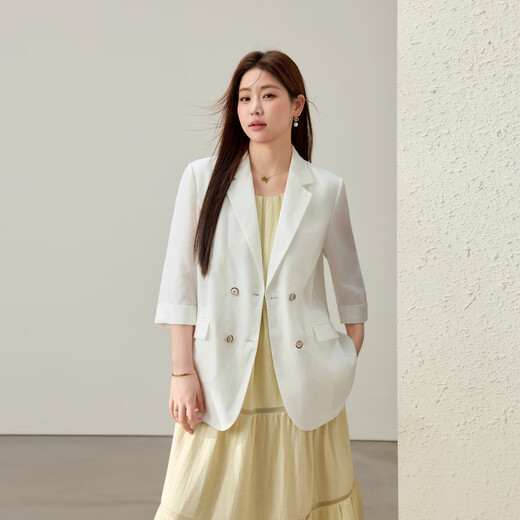 纤莉秀【知性干练气质莱赛尔西装外套】大码女装胖mm2025夏装新款2694 米白色 4XL