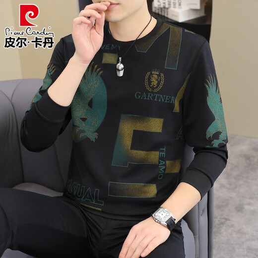 皮尔卡丹（pierre cardin）2025春秋新款男士长袖T恤欧货潮男帅气时尚卫衣加大码打底衫体恤 【春秋】6628黑色 薄款 M 90-115斤