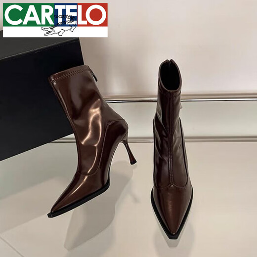 Cartelo High Heel Speced Toe Stiefel 2025 Herbst und Winter Neue französische schlanke Absatz Nacktstiefel Dünne Stiefel Retro Elastic Boots Schwarze Leder Version Single 34
