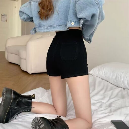 JIOESC denim shorts super shorts new summer bag hip high waist slim stretch hot pants versatile hot girl casual outer wear pants black M