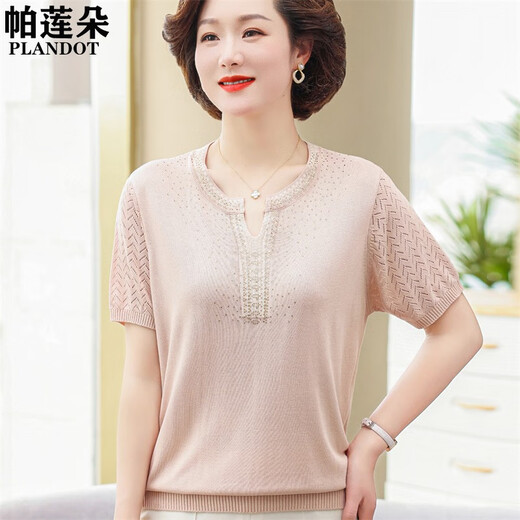 Kuzhang (Kuzhang) 2025 NUEVA MADRE SUMMER Camiseta de punto de su verano Traje de manga corta de verano de mediana edad de mediana edad y anciana
