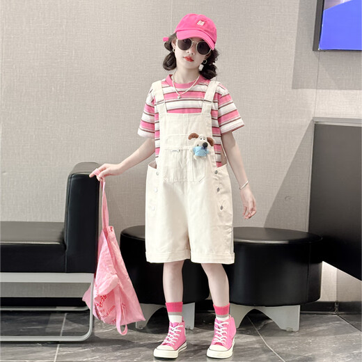 Mokitoul Girl Summer Armband Shorts Set Children's 2025 Neue große Kinder Mädchen modische Sommermode koreanische Outfit Hellblau T+ Overalls (High-End-Geschenkboxverpackung) 40 cm2 1 1