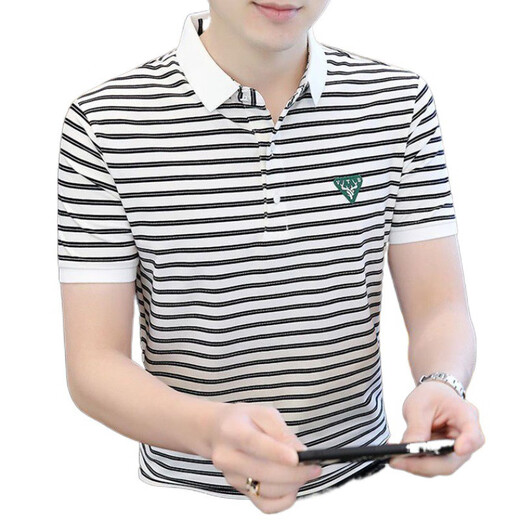 Camisa de manga corta Xcfreht Camiseta delgada de algodón puro a rayas de algodón para hombres con una solapa de manga de manga tostada Y6626 Khaki M 80-105 Jin [Jin equivale a 0.5 kg]