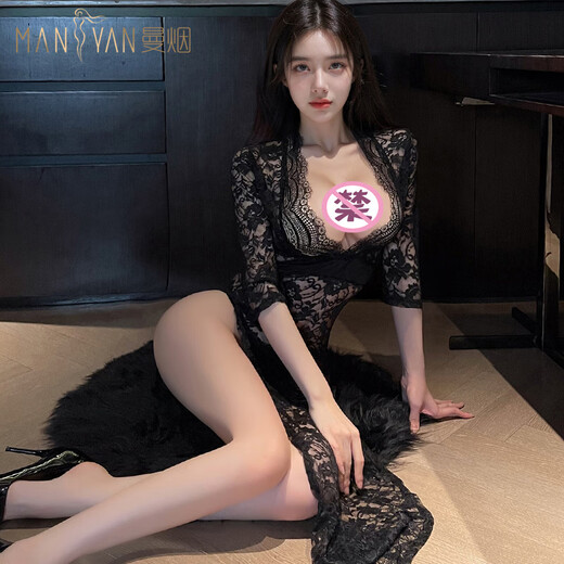 曼烟情趣内衣性感深V复古蕾丝高腰开叉长裙睡裙套装9766 黑色【长裙+T裤】 均码