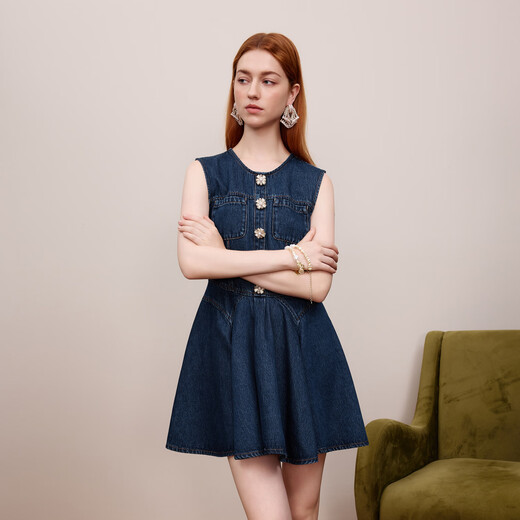 LIME FLARE [Chinese Valentine's Gift] Rhine FLARE 2025 new short waist blue denim sleeveless dress for women summer navy blue XL