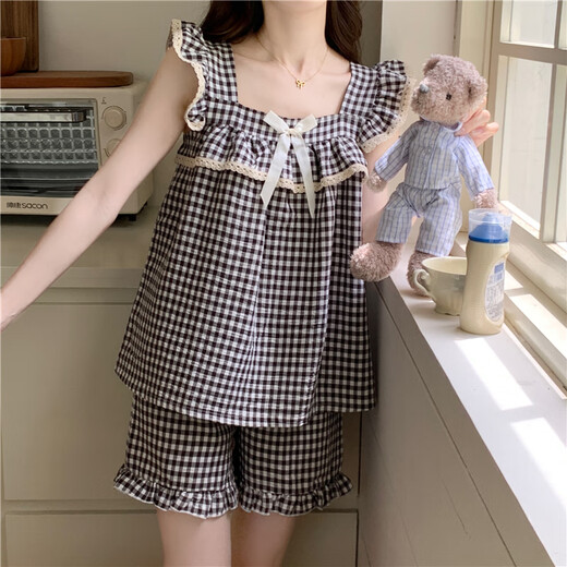 Modal pajamas with breast pad for women in summer 2025 new suspender sweet princess home clothing set for outdoor wear in summer 449_9905# small flying sleeve skirt black and white plaid with breast pad M