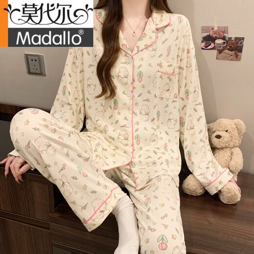 莫代尔甜美条纹ins韩系蝴蝶结印花夏季新款皱布睡衣女家居服短袖三件套 套KK3523# M 【建议80-100斤】