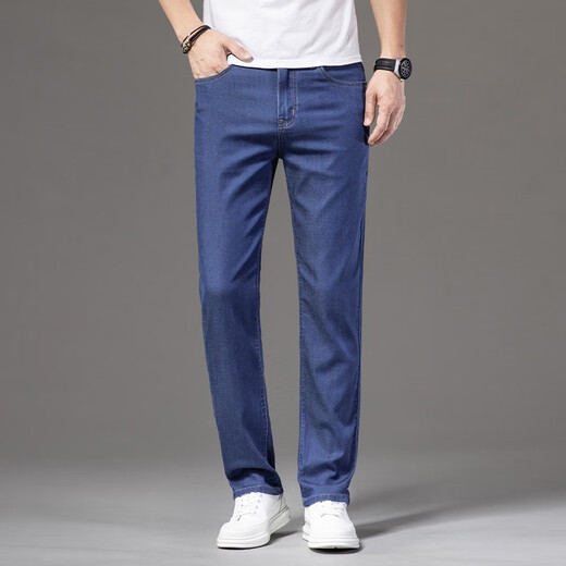 Jeep SpiritJeep Jeep Jeep Summer Jeans para hombres Pantalones de hombres sueltos para hombres New Elastic Alto-End pantalones FXNZ-9767 Azul de tenis transpirable 30 Círculo de cintura Two Foot tres