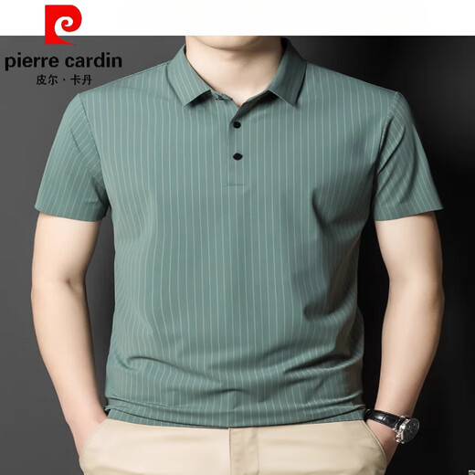 Pierre cardin summer lapel traceless short-sleeved T-shirt for men vertical striped casual polo shirt men fashion thin half-sleeved men gray 6996 M 170