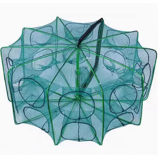 Rice net cage folding shrimp cage floor net fish and shrimp cage fishing net cage fishing artifact catching loach eel cage fishing net dragon 8 holes large size 25cm*70cm four-piece set free bait bag + 6 meters rope + floating ring + luminous beads