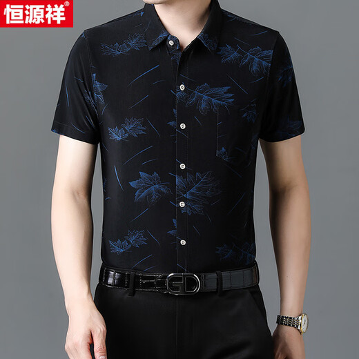 Hengyuanxiang 25 summer new short-sleeved shirt for men ice silk cool thin printing middle-aged men's shirt daddy suit 9898 gold 4XL 190