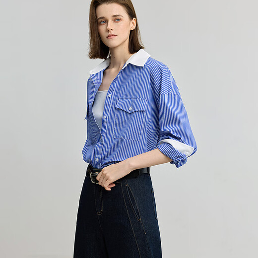 LILY2025 autumn new style classic pinstripe contrasting lapel loose casual relaxed blue shirt jacket for women 401 blue M