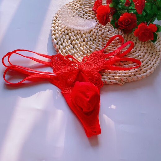 Men's Sexy No-Take-Off Hollow T-string Seamless Thin Strap Couple's Tempting Butterfly Embroidered T-Pants Rose Red One Pack One Size 80-160 Jin Jin is equal to 0.5 kg