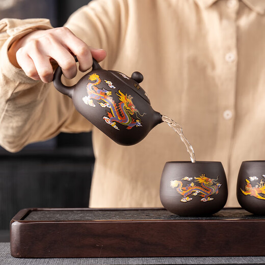 Yunhua Color Changing Fengming Xishi Pot Dragon and Phoenix Chengxiang Tea Cup Good-looking Semi-Handmade Broken Water Teapot Company Accompanying Purple Clay Color Changing Fengming Pot+Dragon Cup+Phoenix Cup