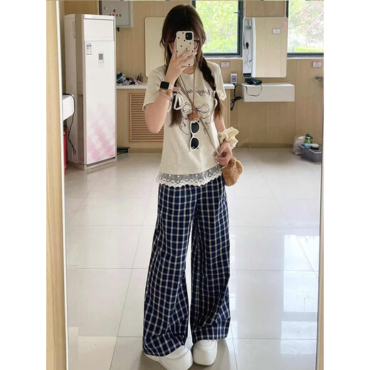 
Cantu lazy style casual pants for women in summer new style small high waist loose wide-leg pants versatile straight trousers Navy blue M