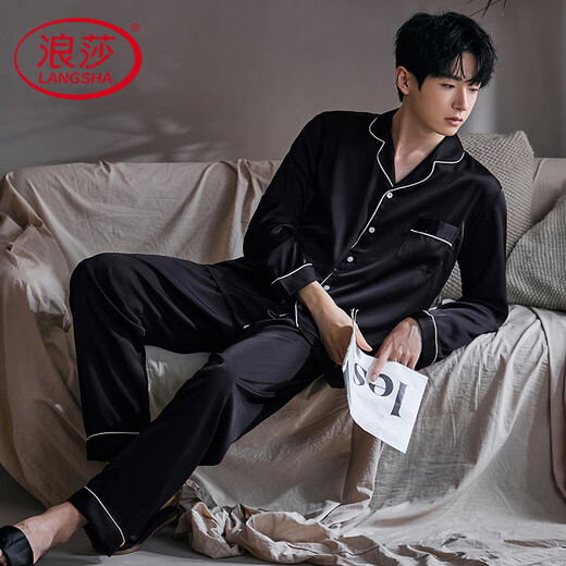 Langsha Luxury Luxury Men's Pyjamas Spring and Automne Silk Silk à manches longues Set Men's Summer 2025 Nouveaux vêtements d'ameublement à domicile haut de gamme 6627 Gray Zong L (100-125jin [Jin est égal à 0,5 kg]))