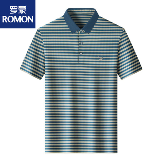 罗蒙（ROMON）新款夏季冰丝短袖t恤男士撞色条纹休闲翻领POLO衫凉感上衣爸爸装 蓝色 GR-9207【冰丝凉感】 M 48 (适合95-115斤)