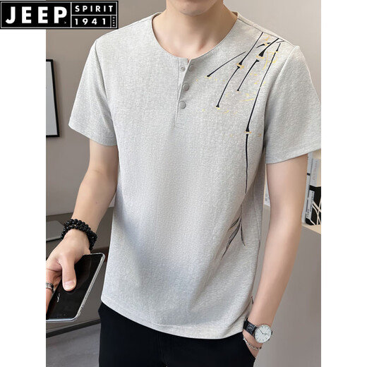 JEEP SPIRIT新中式国风v领短袖T恤男夏季亚麻2025新款透气竹子半袖男士体恤衫 9856卡其色 M (约90~105斤可穿)