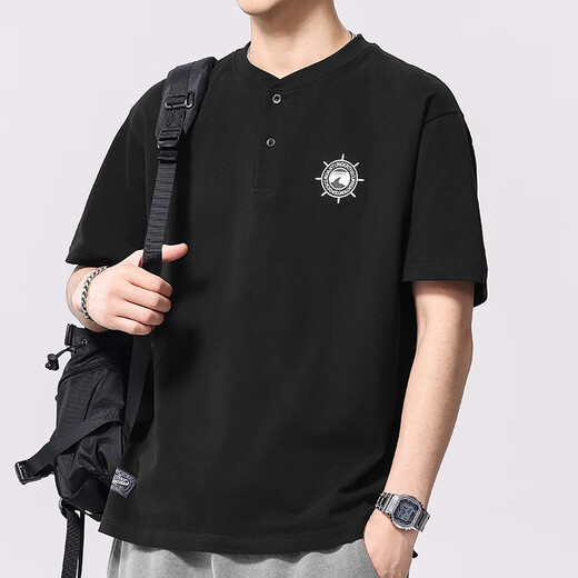 OLJ International Luxury Brand Short Sleeve T-shirt Men's Loose Embroidery Summer 2025 New Micro Loose American Casual Henry Collar White XL