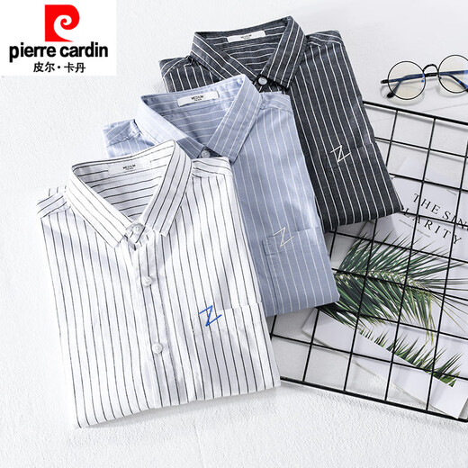 Pierre cardin men's striped short-sleeved shirt summer loose thin clothes cotton embroidered casual versatile shirt summer clothing new product 9738 black stripes M 100Jin [Jin equals 0.5 kg]