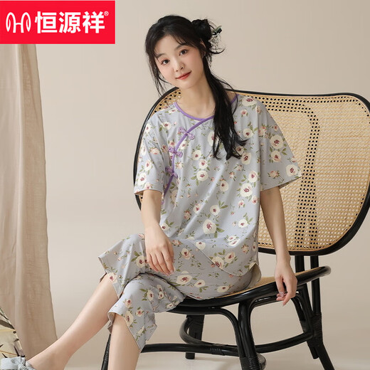 Hengyuanxiang 2025 new summer short-sleeved cropped pants pajamas women's national style home clothes casual and can be worn outside suits National style short-sleeved 9901 YZT cropped pants M Recommended 80-100Jin [Jin equals 0.5 kg]