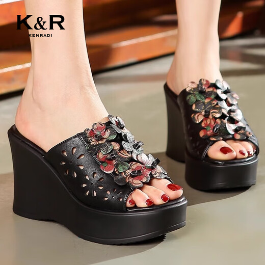 Ken Radi trägt Hausschuhe für Frauen Retro Ethnic Style wasserdichte Plattform Dick-Soled Ledersandalen High Heels bequem und schlanke Frauenschuhe schwarz 35 (225 mm)