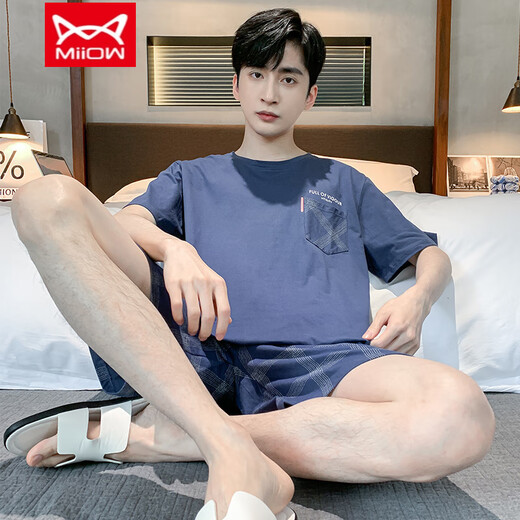 Catman (MiiOW) summer men's pajamas short-sleeved shorts cotton teenagers Korean style student large size home clothing middle-aged suit thin 9922 L men (recommended 100-130 Jin [Jin equals 0.5 kg])