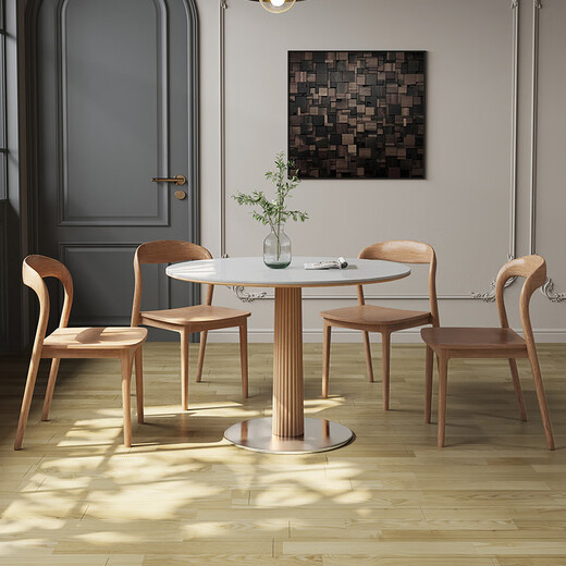 Gaodemeju subsidio del gobierno/mesa de comedor blanca simple mesa de comedor de pizarra de madera maciza New Pearl mesa redonda pequeña mesa de negociación mesa redonda 90 * 75 (New Pearl) + CY-684*4