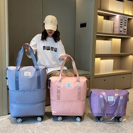 HUAJI Travel Storage Bag Foldable Hand-held Trolley Bag with Wheels Dry and Wet Separation Storage Bag Expandable Duffel Bag Black