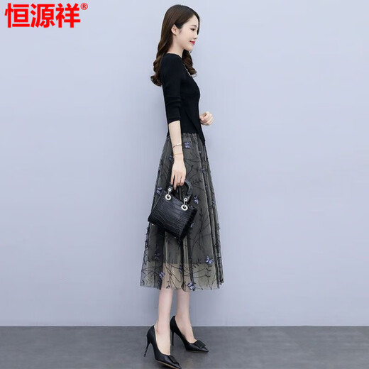 Hengyuanxiang yarn dress for women Spring and Autumn 2025 new summer high-end exquisite luxury brand temperament celebrity fake two-piece suit Black XL recommended 115-125Jin [Jin equals 0.5 kg]