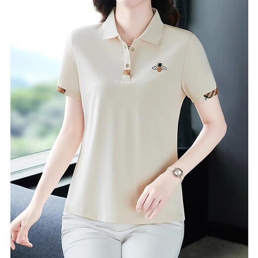 
Middle-aged mother dressed in temperament lapel polo shirt for women T-shirt short-sleeved fashionable summer new slim loose top YB-833 ​​apricot XL [Suggested 110-125 Jin [Jin equals 0.5 kg]]