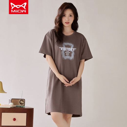 MiiOW new pajamas, summer women's short-sleeved mid-length pajamas with breast pads, cotton summer pure cotton home clothes, can be worn outside X-12532 Comes with breast pads, no need to wear Bra