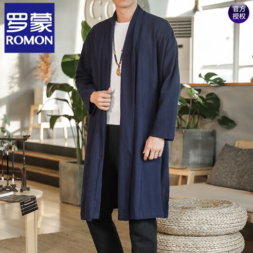 ROMON Chinese Hanfu long cloak youth robe thin Zen style coat cloak retro windbreaker cloak for men black L