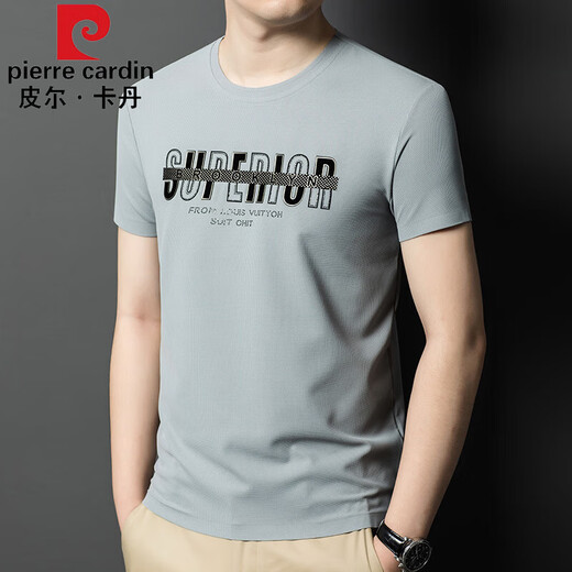 Pierre cardin summer ice silk short-sleeved T-shirt men's youth round neck fashionable casual printed half-sleeved men's solid color T-shirt base shirt 13575-white XL 175