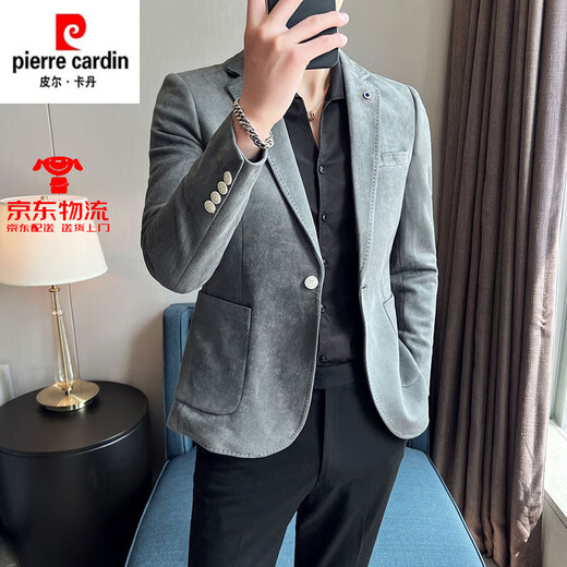 皮尔卡丹西服男不起褶抗皱免烫修身西服麂皮绒小西装英伦高级感男外套 9928黑色 M 适合115斤下