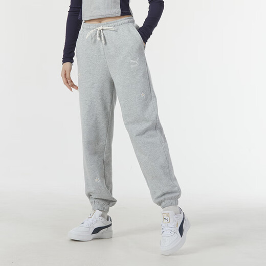 彪马（PUMA）套装棉女 刺绣LOGO时尚花卉针织运动服圆领卫衣套头衫长裤休闲裤 灰色上下套装/内里毛圈 XS