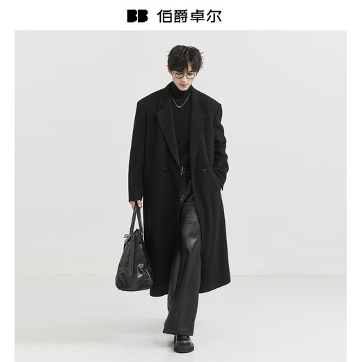 伯爵卓尔【垫肩设计长款过膝】全羊毛双面呢大衣100%男士2025秋冬通勤外套 黑色 L (175)