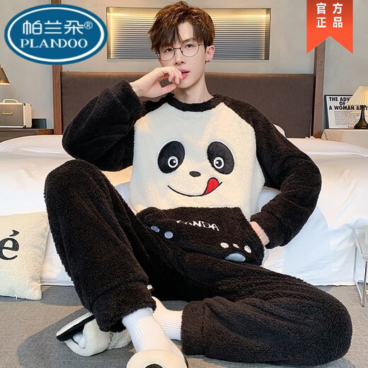 
Palando Men's pajamas in autumn and winter thickened coral velvet flannel home clothing set cartoon plus size warmth for outside wear 9901 [thickened plus velvet] round neck [gift for gifts on Chinese Valentine's Day] L 90-120Jin [Jin equals 0.5 kg] [brand special offer]