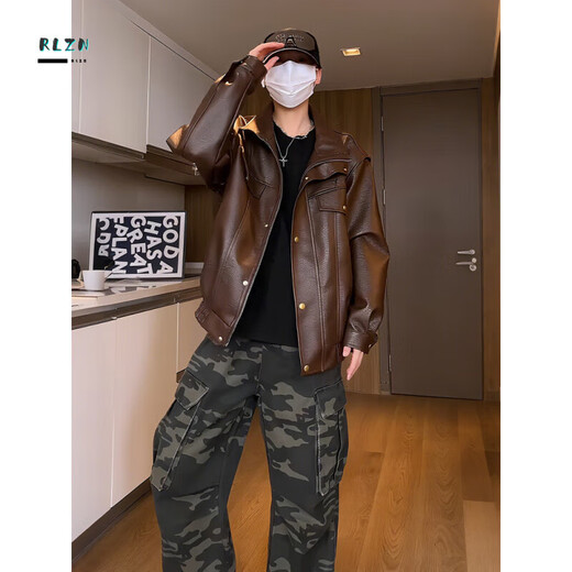 Main style (ZHUYIFAN) American structure splicing motorcycle leather jacket men's autumn trendy brand tough guy bomber jacket workwear handsome PU top black fabric upgrade L