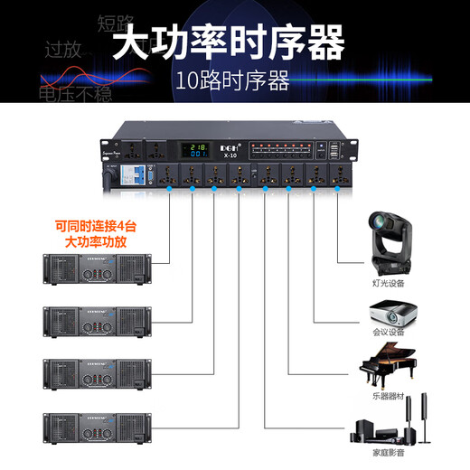 DGH professional 8-way power sequencer socket sequence manager 10-way stage controller with filtered air switch independent control central control computer RS232 serial port connection B-10 with filtered air switch