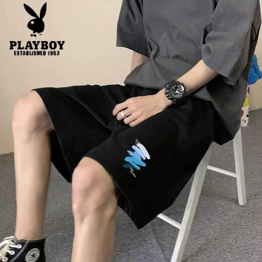 Playboy Hong Kong Style Casual Shorts Männer Sommer Amerikaner gedruckt lose Studenten Sporthosen Ins Trendy Marke Fünf-Punkte-Mid-Pants-Männer [3878*yx love] -black 3xl
