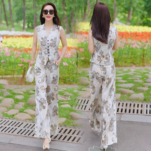 
Xin Yimei Fashion Temperament Set for Women 2025 Summer New Style Slim Sleeveless Jacket Top Wide Leg Pants Two-piece Set Cashew Flower S [Weight 80-100 Jin [Jin equals 0.5 kg]]