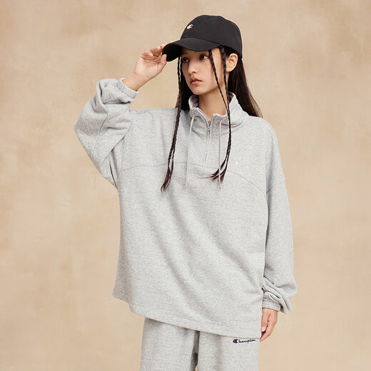 Champion冠军立领卫衣女2025秋季新款半拉链休闲刺绣小C纯色运动 浅灰色 M