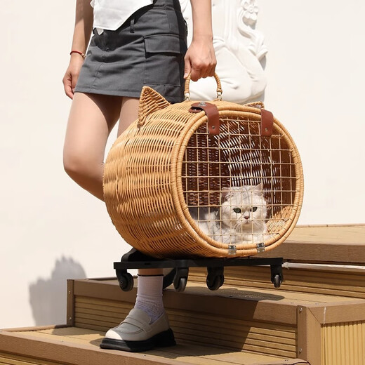 田园顽狗宠物外出推车小狗猫咪小拉车遛狗车小型犬博美约夏克狗狗推车用品 猫头形 48*45*30cm