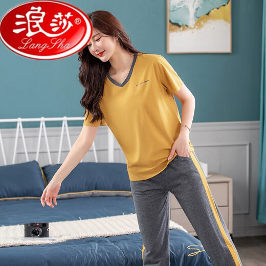 浪莎睡衣女夏季薄款2025年新款纯棉短袖长裤家居服套装夏天全棉可外穿 7374豆沙粉 M[80-100斤] 均码