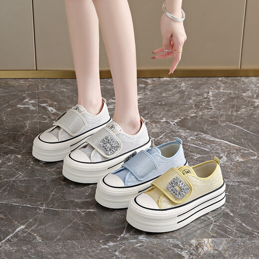 Sommer dünne Frauenschuhe dicker alleinighöhlich-absorbierender schockabsorbierender und atmungsaktives Netzschuhe Trendy Board Schuhe Klettverteidiger Lazy Schuhe YGNX-L-3323 Beige 35