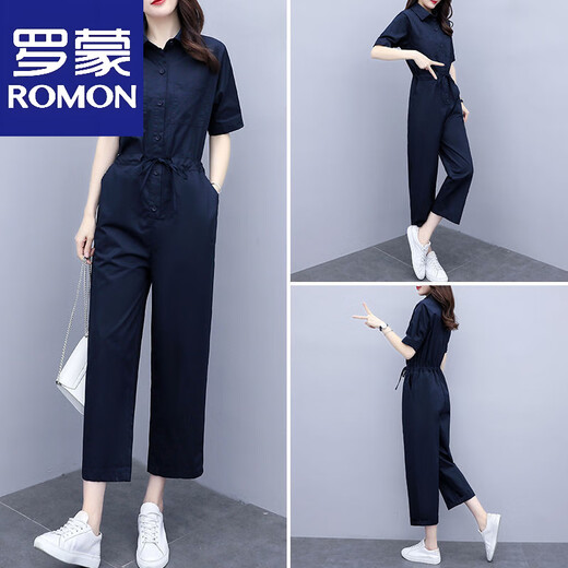 Romon (Romon) 2025 Sommer New Ice Seide Koreanische Version High-T-Kurzärmel-Jumpsuit Taille und schlanker modischer Gelegenheitsanzug Navy Blue S 85-95jin [Jin entspricht 0,5 kg]